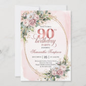 Graceful Dusty Pink Gold Floral 90th Birthday Kaart (Voorkant)