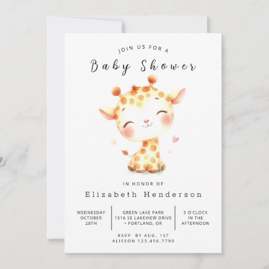 Graceful Editable Giraffe Baby shower Kaart (Voorkant)