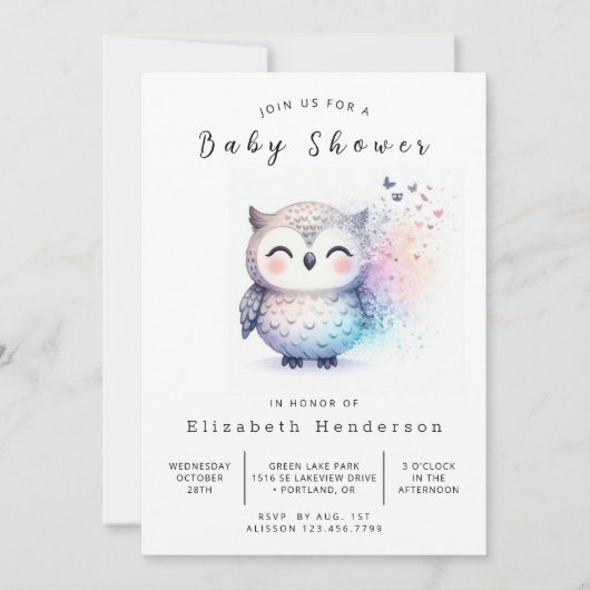 Graceful Editable Owl Baby shower Kaart (Voorkant)