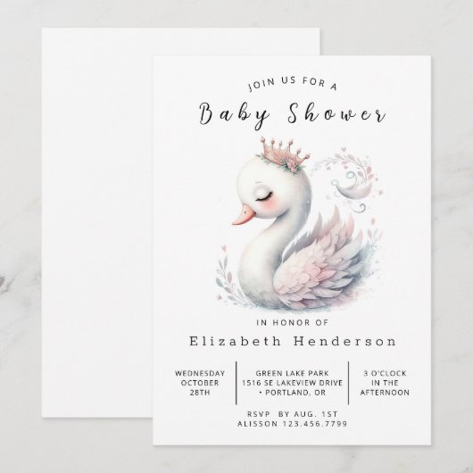 Graceful Editable Swan Baby shower Kaart (Voorkant / Achterkant)