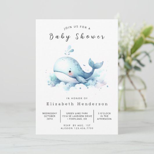 Graceful Editable Whale Baby shower Kaart (Staand voorkant)
