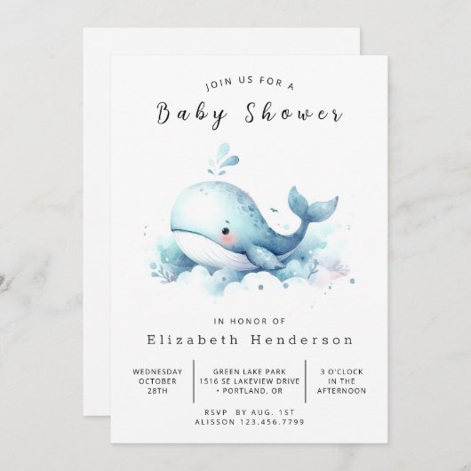 Graceful Editable Whale Baby shower Kaart (Voorkant / Achterkant)