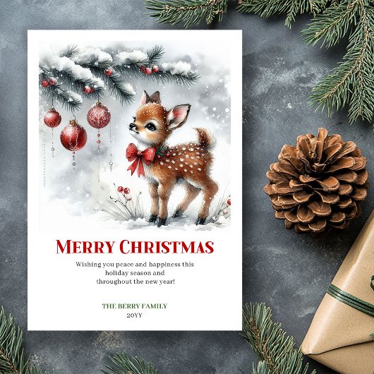 Graceful Fawn Cozy Watercolor Snowy Christmas Card Feestdagenkaart