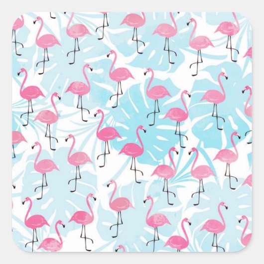 Graceful flamingos and monstera leaves vierkante sticker (Voorkant)