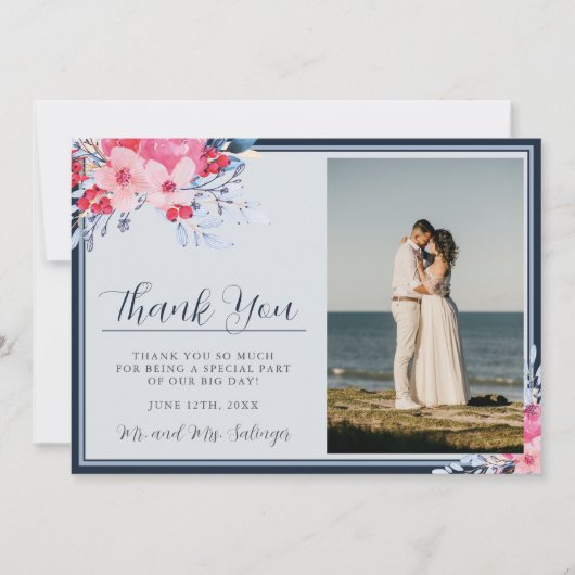 Graceful Floral Pink en Dusty Blue Bedankkaart (Voorkant)