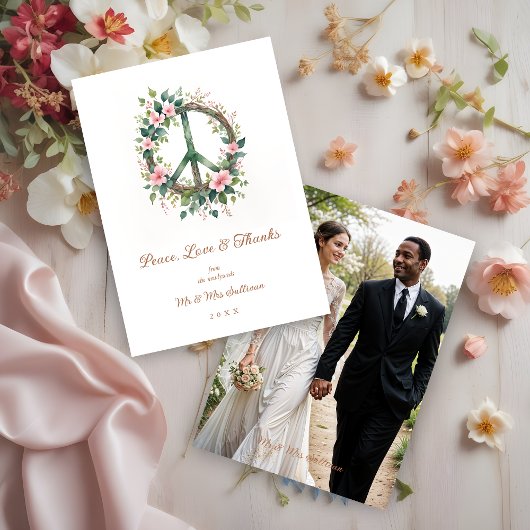 Graceful Floral Wood Peace Symbol Photo Wedding Bedankkaart