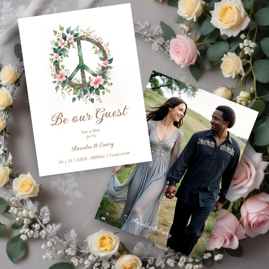 Graceful Floral Wood Peace Symbol Photo Wedding Save The Date