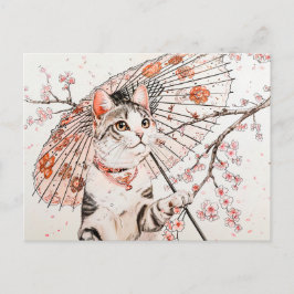 Graceful Geisha Cat met  Parasol en Cherry Briefkaart
