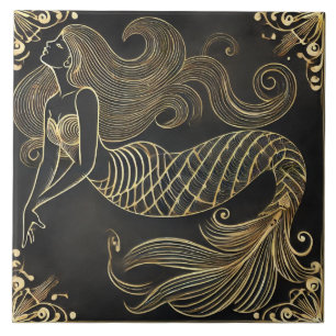 Graceful Golden Mermaid Art Deco Tegeltje