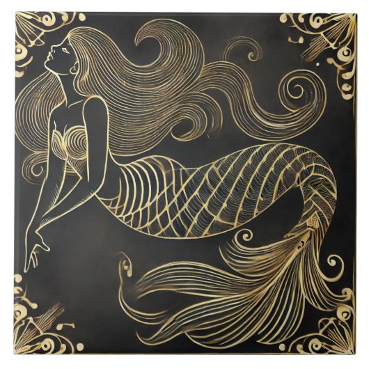 Graceful Golden Mermaid Art Deco Tegeltje (Voorkant)