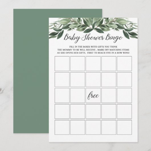 Graceful Greenery Baby shower Bingo Game Kaart (Voorkant / Achterkant)