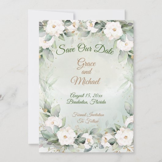 Graceful groen bruiloft flat Save The Date Kaart (Voorkant)