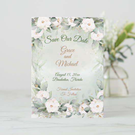 Graceful groen bruiloft flat Save The Date Kaart (Staand voorkant)