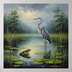 Graceful Heron in een serene vijver te midden van  Poster