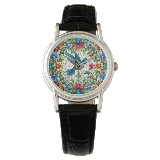 Graceful Hummingbird met Glas in lood Effect Horloge (Voorkant)