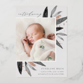 Graceful Leaves Roos Gold Foil Birth Notice Folie Uitnodiging (Voorkant)