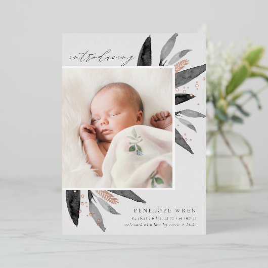 Graceful Leaves Roos Gold Foil Birth Notice Folie Uitnodiging (Staand Voorkant)