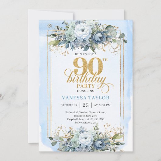 Graceful light blue gold frame 90th birthday kaart (Voorkant)
