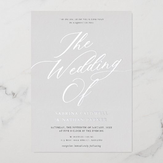 Graceful Modern Script Wedding Gray Silver Folie Uitnodiging (Voorkant)
