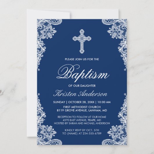 Graceful Navy Blue Lace Cross Baptism Photo Invite Kaart (Voorkant)