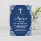 Graceful Navy Blue Lace Cross Baptism Photo Invite Kaart (Staand voorkant)