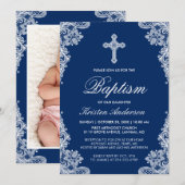 Graceful Navy Blue Lace Cross Baptism Photo Invite Kaart (Voorkant / Achterkant)