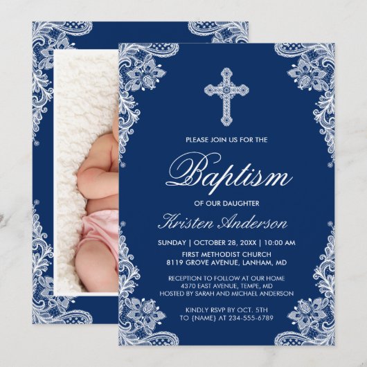 Graceful Navy Blue Lace Cross Baptism Photo Invite Kaart (Voorkant / Achterkant)