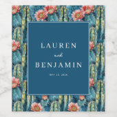 Graceful Navy Cactus Pattern Wijn Etiket (Enkel label)