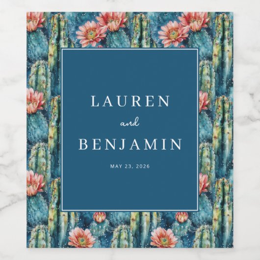 Graceful Navy Cactus Pattern Wijn Etiket (Enkel label)