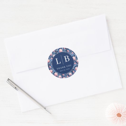 Graceful Navy Floral Pattern Ronde Sticker (Envelop)