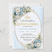 Graceful Pastel Blue Gold Eucalyptus Quinceañera Kaart (Voorkant)