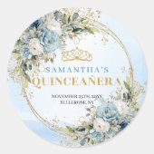 Graceful Pastel Blue Gold Eucalyptus Quinceañera   Ronde Sticker (Voorkant)