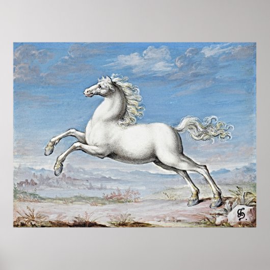 Graceful Power: Witte Paard - Retro artwork Poster (Voorkant)