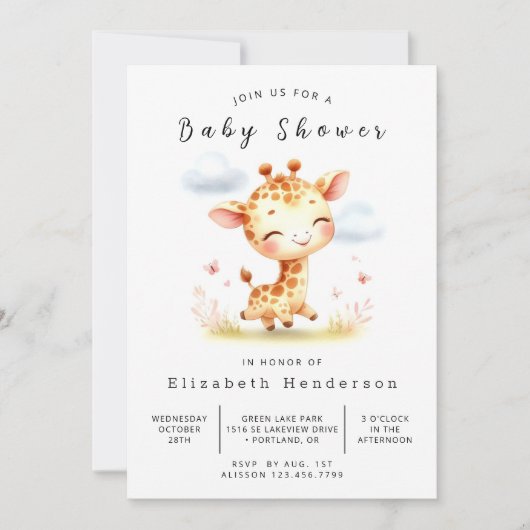 Graceful Printable Giraffe Baby shower Kaart (Voorkant)