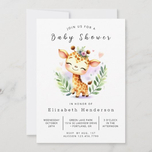 Graceful Printable Giraffe Baby shower Kaart (Voorkant)