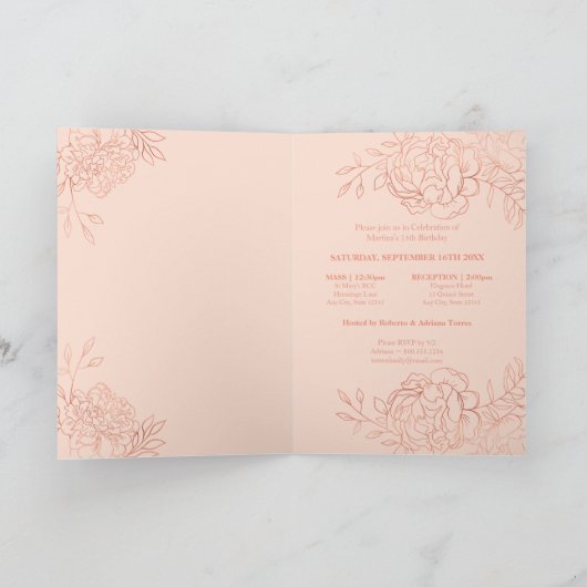 Graceful Roos Gold & Blush Roze Bloemen Quinceaner (Binnen)