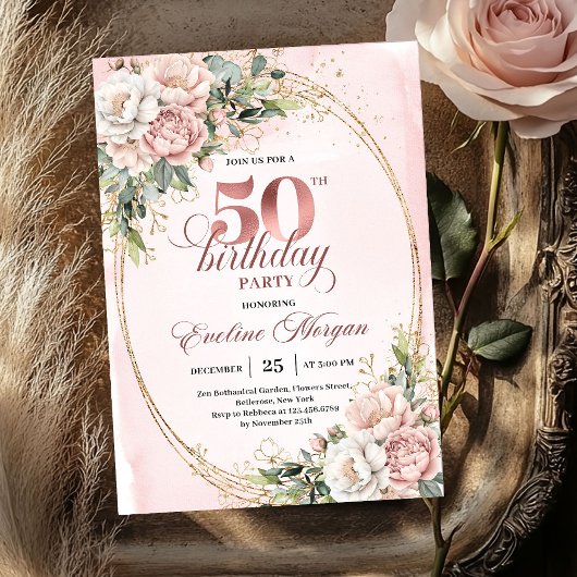 Graceful Rose Gold Floral 50th Birthday Invite Kaart