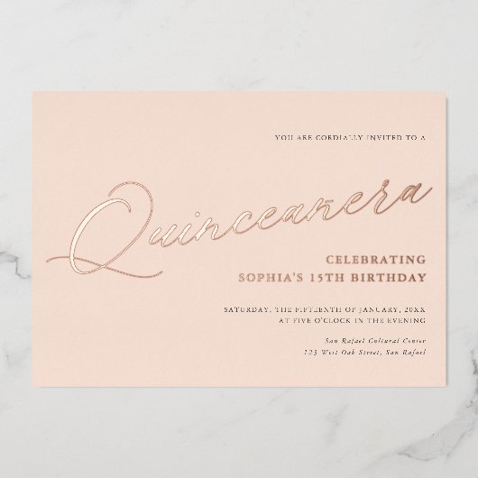 Graceful Script Quinceañera Birthday Party REAL Folie Uitnodiging (Voorkant)