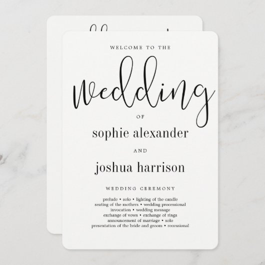 Graceful Script Weduwen Ceremony Program Black Programmakaart (Voorkant / Achterkant)