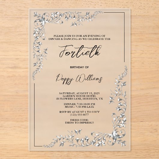 Graceful Stijlvolle Zilveren Decoratie Verjaardags Acryl Uitnodigingen (Voorkant)