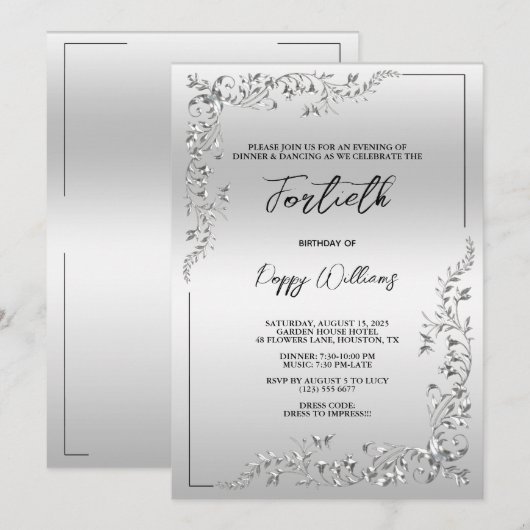 Graceful Stijlvolle Zilveren Decoratie Verjaardags Kaart (Voorkant / Achterkant)