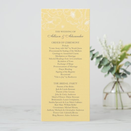 Graceful Yellow Poppy Floral Wedding Programme Programmakaart (Staand voorkant)
