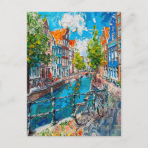 Gracht met fietsen en kleurrijke huizen Schilderij