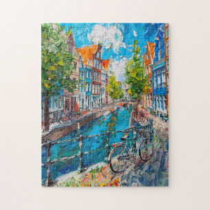 Gracht met fietsen en kleurrijke huizen Schilderij Legpuzzel