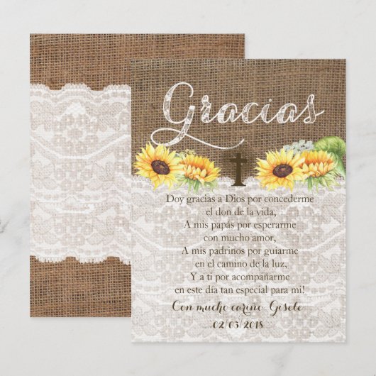 Gracias Baptisme Gebed Dank u kaart in het Spaans (Voorkant / Achterkant)