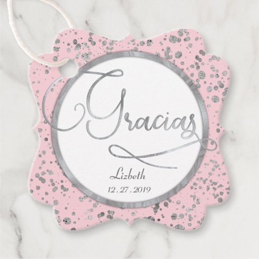 Gracias Blush Roze Zilver Confetti Cadeau Dank u Bedankjes Labels (Voorkant)