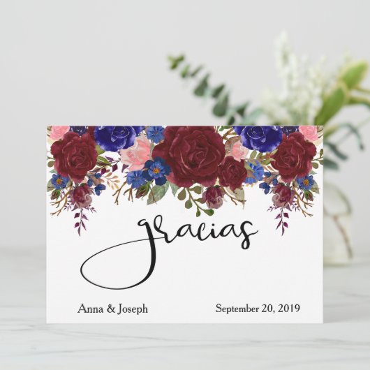 Gracias Bruiloft Bloemen Spaanse Marine Bourgondië Bedankkaart (Staand voorkant)