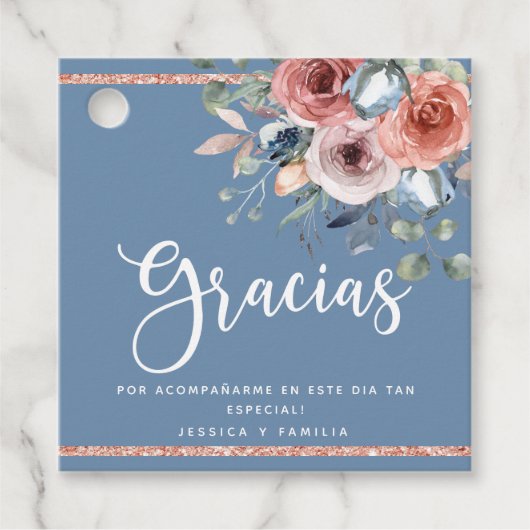 Gracias, Dusty Blue en Blush Pink Floral Bedankjes Labels (Voorkant)