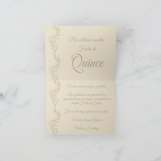 Gracias Elegant Champagne Fiesta de Quince Spaans Bedankkaart (Binnen)