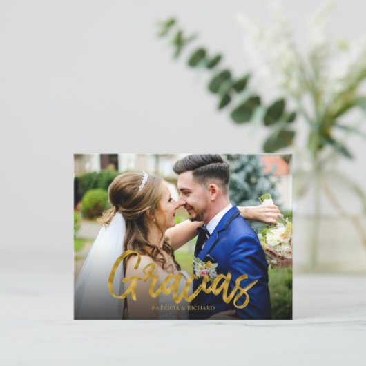 Gracias Gold Foil Script Wedding Dank u Foto Briefkaart (Staand voorkant)